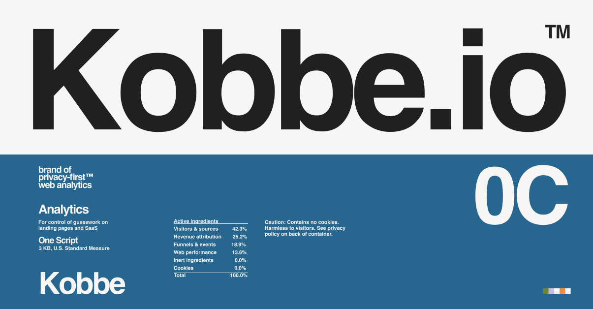 Kobbe.io, brand of privacy-first web analytics, styled as a product label